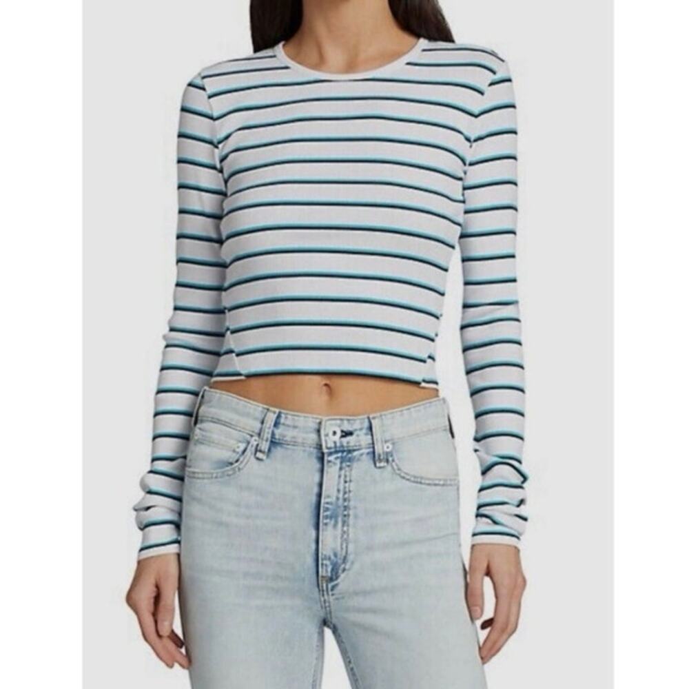 Rag&Bone White and Teal Striped Long Sleeve Crop Tee